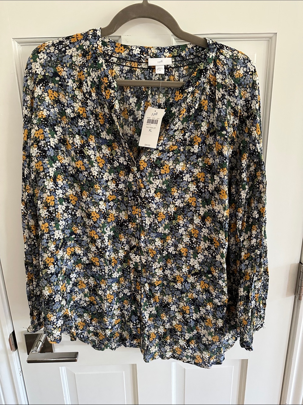 J. Jill Navy Floral V-Neck Long-Sleeve Blouse with Mustard Accents